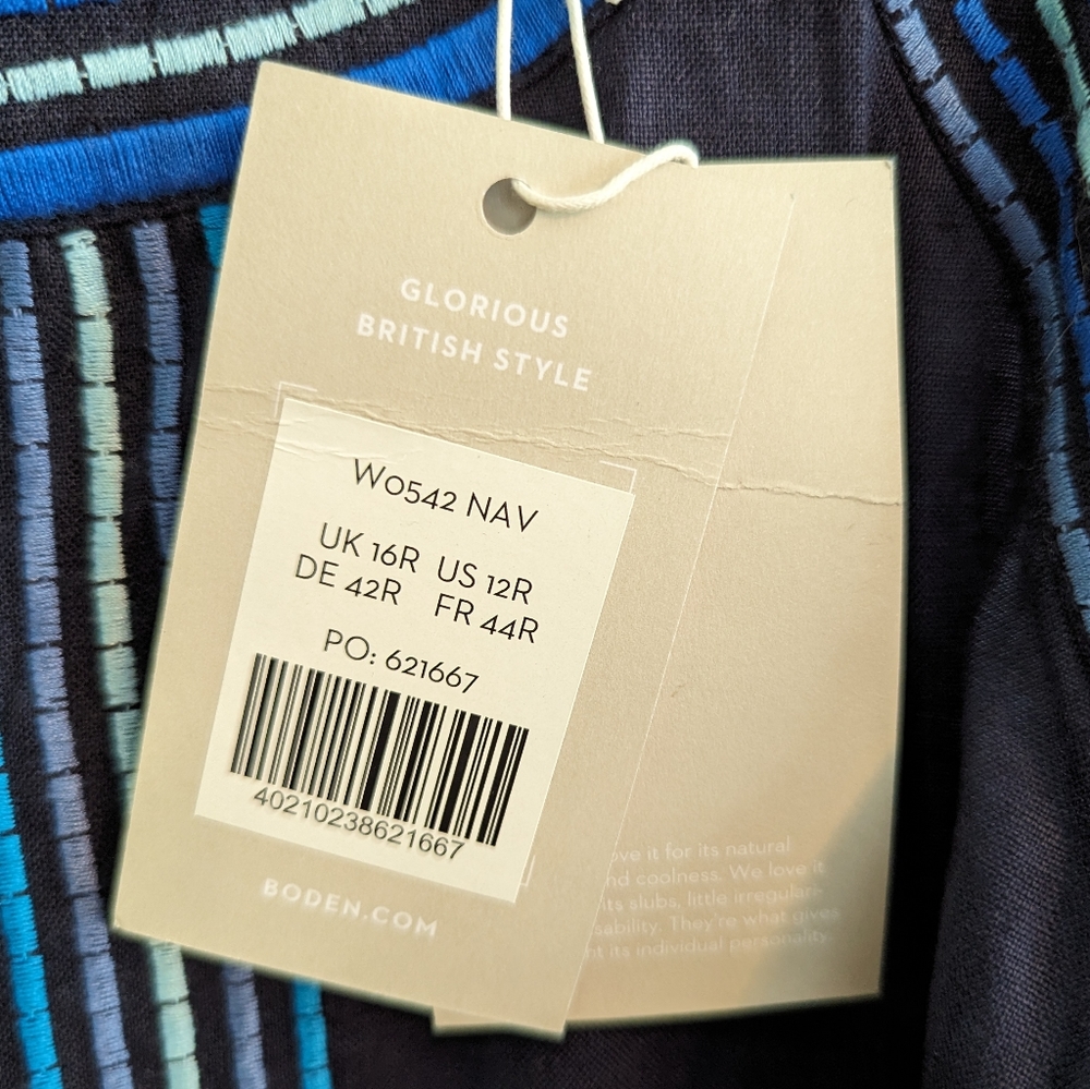 ✨ Boden Navy Blue Linen Halter Dress with blue Accents. Size 12. NWT. - Picture 5 of 7